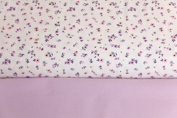 Stoffpaket Jersey + Bündchen mit kleinen Blumen, wollweiß, flieder